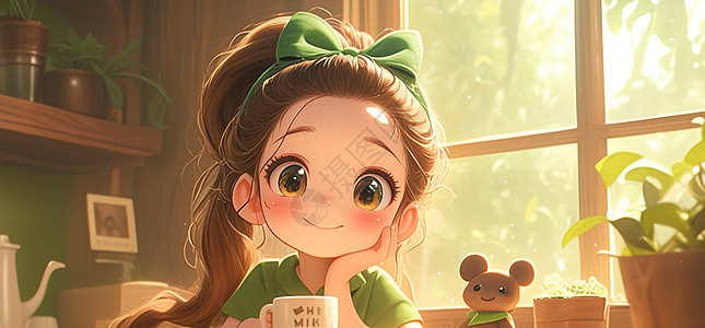 午后正在喝茶可爱的卡通小女孩图片