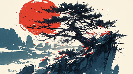 在山上一棵古松与美丽的红日中国风插画图片