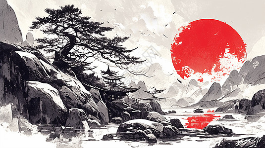 山上一棵古松与美丽的红日中国风插画图片