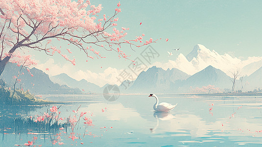 春天美丽的湖面上有一只白天鹅湖面开着粉色桃花唯美卡通风景图片
