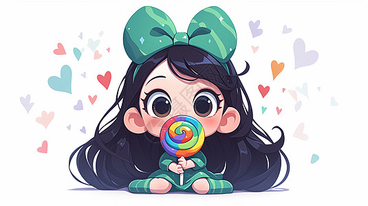 可爱的波浪长发卡通小女孩在吃彩色棒棒糖图片