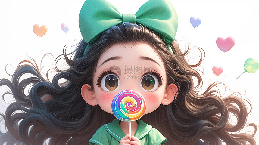 波浪长发卡通小女孩在吃彩色棒棒糖图片
