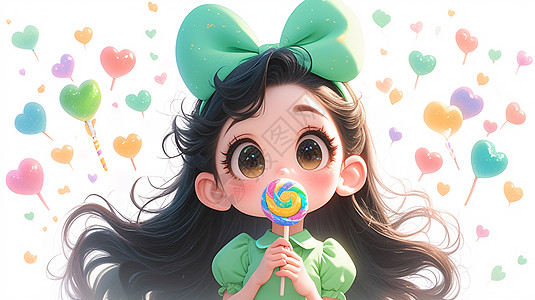 可爱长发卡通小女孩在吃彩色棒棒糖图片