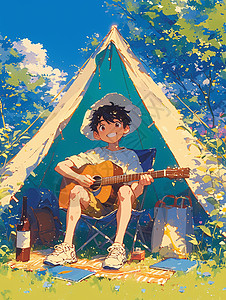 坐在露营帐篷外开心弹吉他的卡通青年背景图片