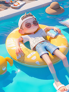 悠闲躺在游泳圈上的晒台太阳的卡通小男孩背景图片