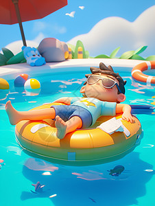 躺在游泳圈上的晒台太阳的卡通小男孩图片