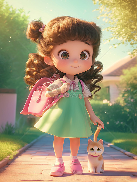 穿连衣裙背着小粉包的可爱卡通小女孩图片
