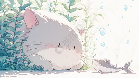 鱼跳出趴在草丛中肥胖可爱的卡通小猫看着鱼插画