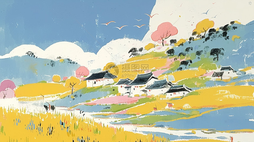 美丽的山坡上一座卡通小山村图片