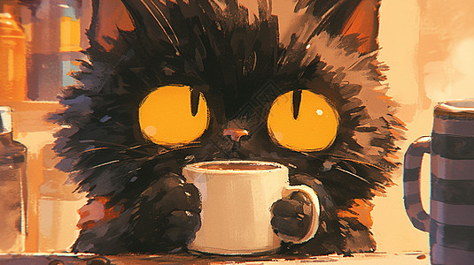 黑色可爱的小猫在喝热茶背景图片