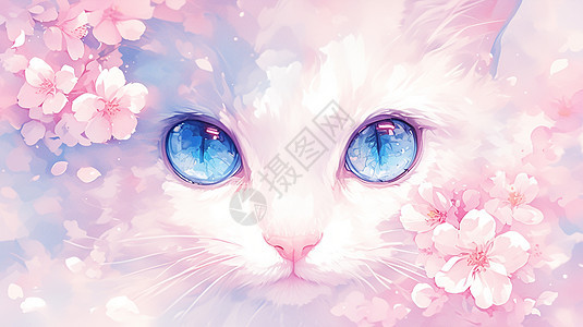 春天在粉色花丛中梦幻的卡通大白猫图片