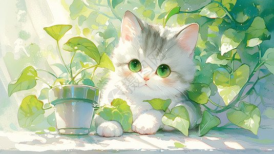 虎卡通趴在绿萝叶子上可爱的小猫插画