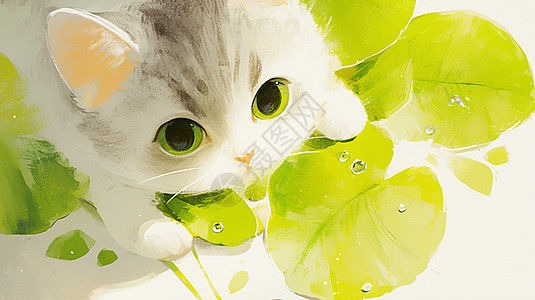趴在叶子上可爱的卡通小猫图片