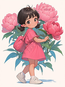 穿着粉色裙子可爱的卡通小女孩扛着巨大的花朵图片