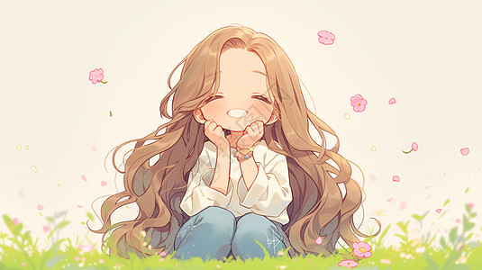 黄色女孩春天坐在花丛中小清新漂亮的卡通小女孩插画