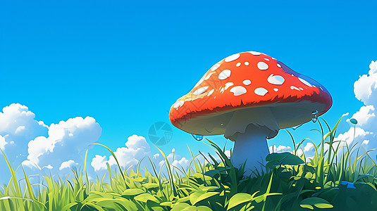 在绿色山坡上一个彩色卡通小蘑菇图片