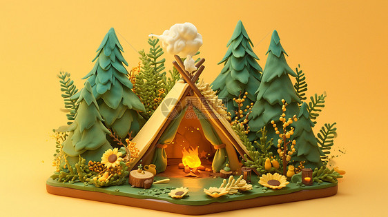 森林中一个卡通露营帐篷燃烧着一堆火把图片