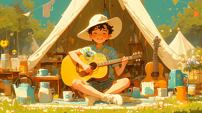 春天坐在露营帐篷外开心弹吉他的卡通男孩图片