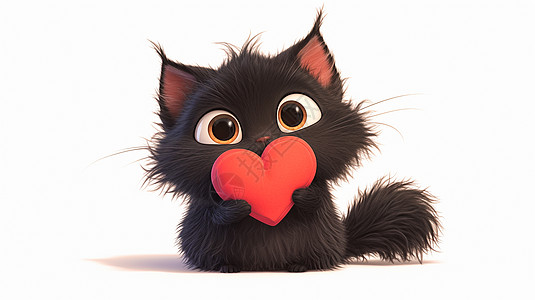 抱着红色爱心的黑猫图片