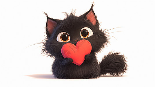 抱着红色爱心的黑猫背景图片