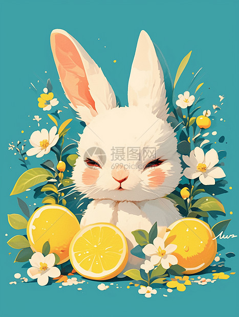 卡通白兔与水果橙子图片