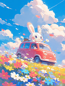 在小汽车上欣赏花朵美景的可爱卡通小白兔图片