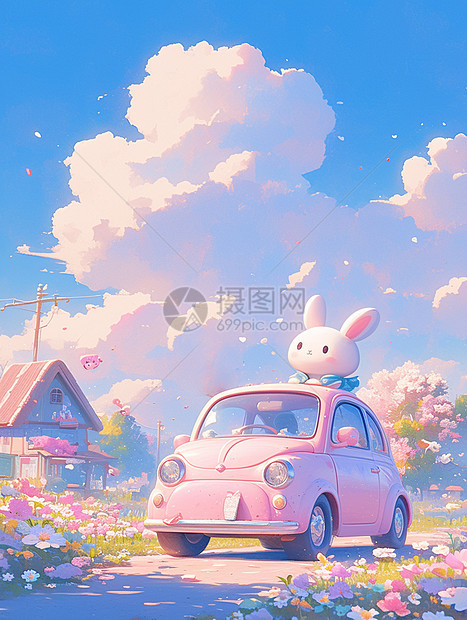 汽车上欣赏花朵美景的可爱卡通小白兔图片