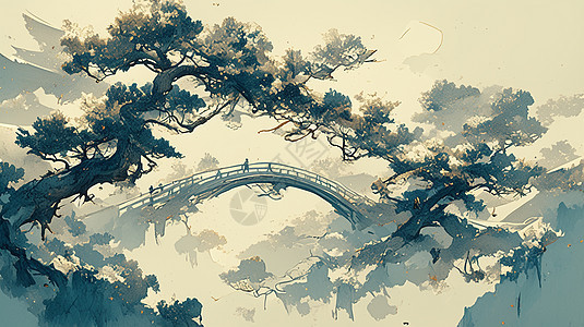 中国风风格的古松树与古桥图片