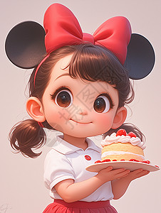 头上的红色蝴蝶结双手端着蛋糕的可爱卡通小女孩图片