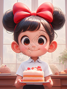 头上有着蝴蝶结双手端着蛋糕的可爱卡通小女孩图片