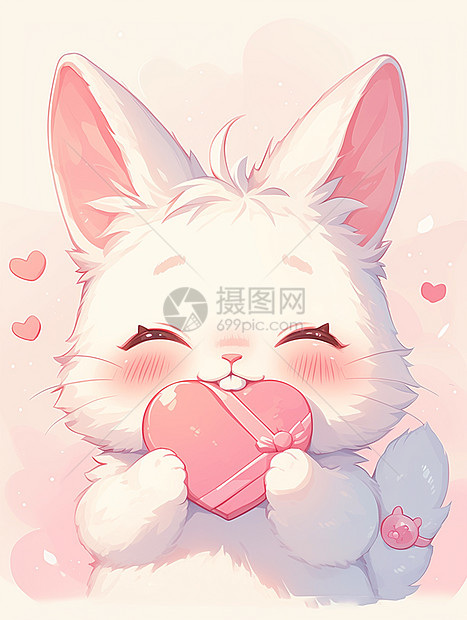 两只耳朵的小兔子抱着粉色开心笑图片