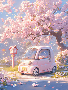 春天一辆粉色可爱的卡通小汽车开在开满花朵图片