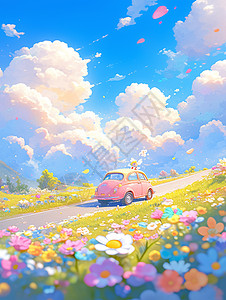春天一辆粉色可爱的卡通小汽车图片