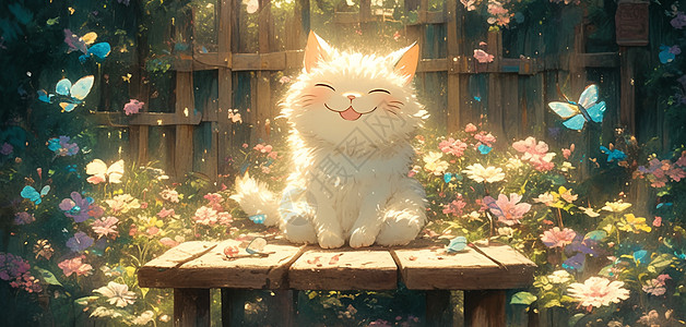 在木台上晒太阳的卡通小猫图片