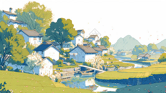 绿色唯美的卡通小村庄图片