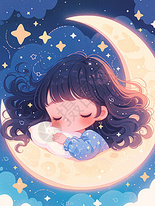 在梦幻天空大大的月牙上睡觉的可爱卡通小女孩图片