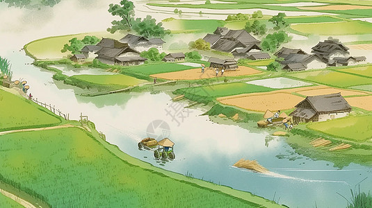 村庄旁耕地农耕的卡通劳动人民图片