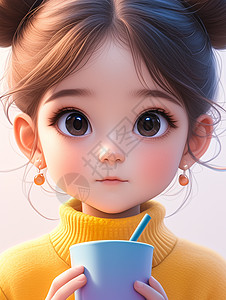 喝水的小女孩穿着黄色毛衣抱着蓝色杯子的可爱小女孩插画