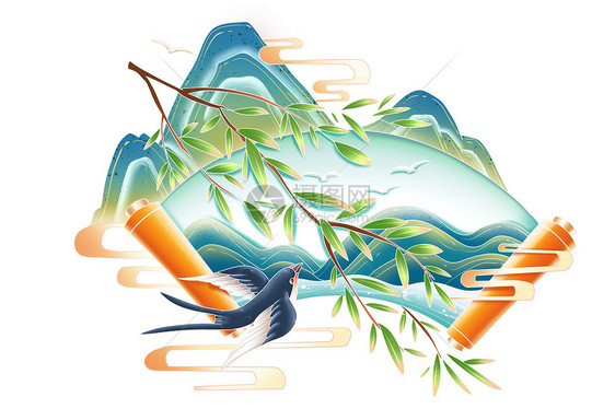 清明节燕子山水画卷中国风场景装饰图片