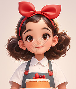 头戴红色蝴蝶结端着蛋糕的可爱小女孩图片