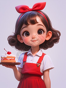 蛋糕裙蝴蝶结端着蛋糕的可爱卡通小女孩插画