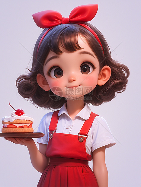 蝴蝶结端着蛋糕的可爱卡通小女孩图片