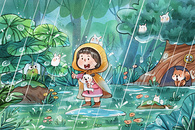手绘水彩谷雨儿童森林动物与雨精灵插画图片