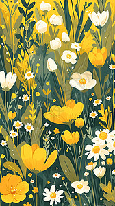 春天开满花朵的草丛扁平风插画背景图片