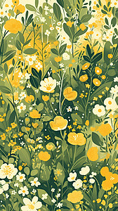 春天开满黄色花朵的草丛扁平风唯美插画图片