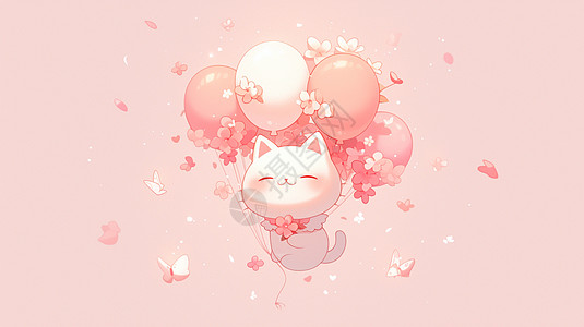 粉色背景可爱的白猫手拿气球飞在空中图片