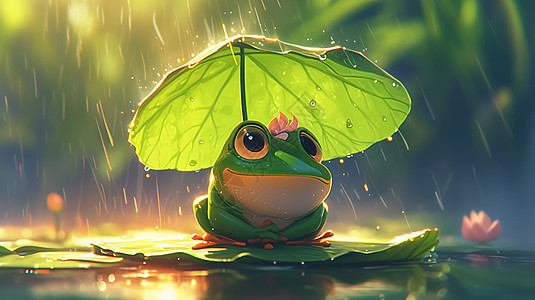 撑着荷叶小伞的可爱卡通绿色青蛙背景图片