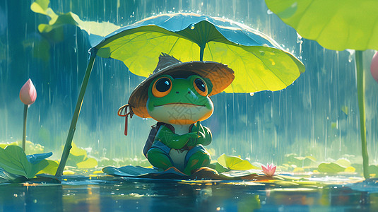 雨中撑着荷叶小伞的卡通绿色青蛙背景图片