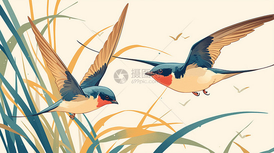在草丛旁可爱的卡通小鸟飞舞图片