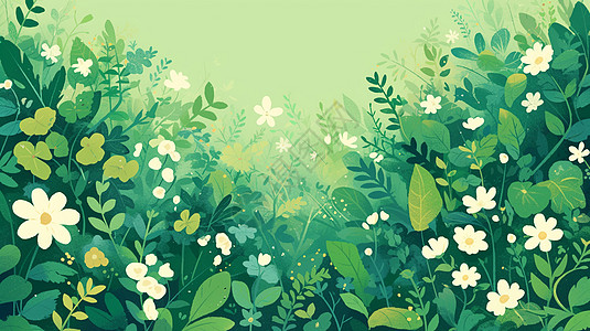 很多白色卡通小花在绿色花丛中盛开着图片